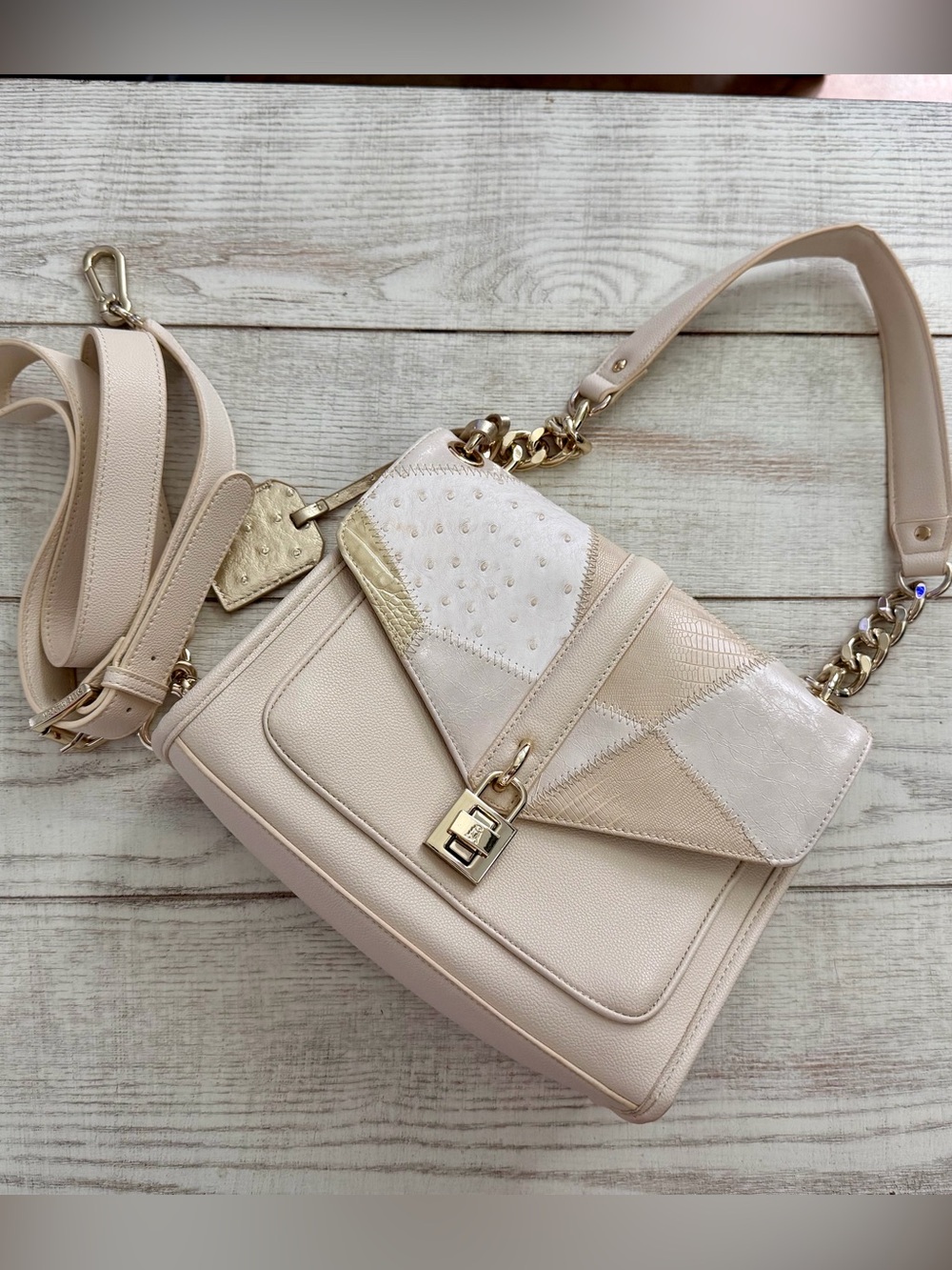 Steve Madden Beige Patchwork Leather Bag with Chain Handle & Shoulder Strap